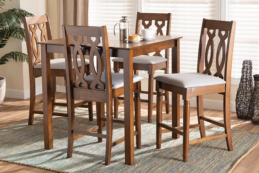 Baxton Studio Darcie Modern and Contemporary Grey Fabric Upholstered and Walnut Brown Finished Wood 5-Piece Pub Set | Modishstore | Dining Sets