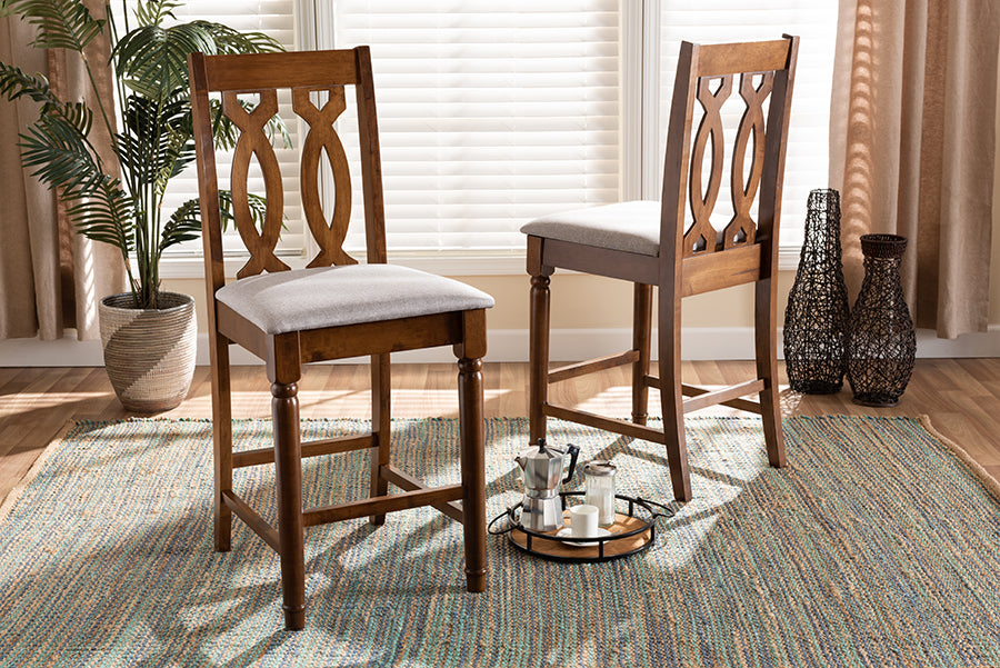 Baxton Studio Darcie Modern and Contemporary Grey Fabric Upholstered and Walnut Brown Finished Wood 2-Piece Counter Stool Set | Modishstore | Counter Stools