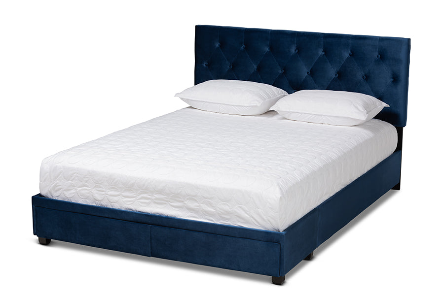 baxton studio caronia modern and contemporary navy blue velvet fabric upholstered 2 drawer king size platform storage bed | Modish Furniture Store-2