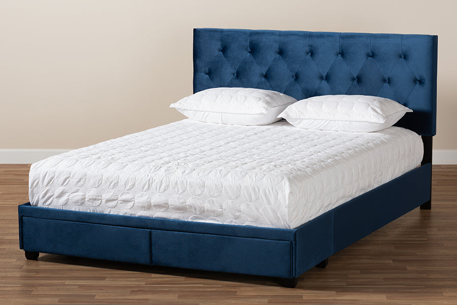 Baxton Studio Caronia Modern and Contemporary Navy Blue Velvet Fabric Upholstered 2-Drawer Queen Size Platform Storage Bed | Beds | Modishstore - 3