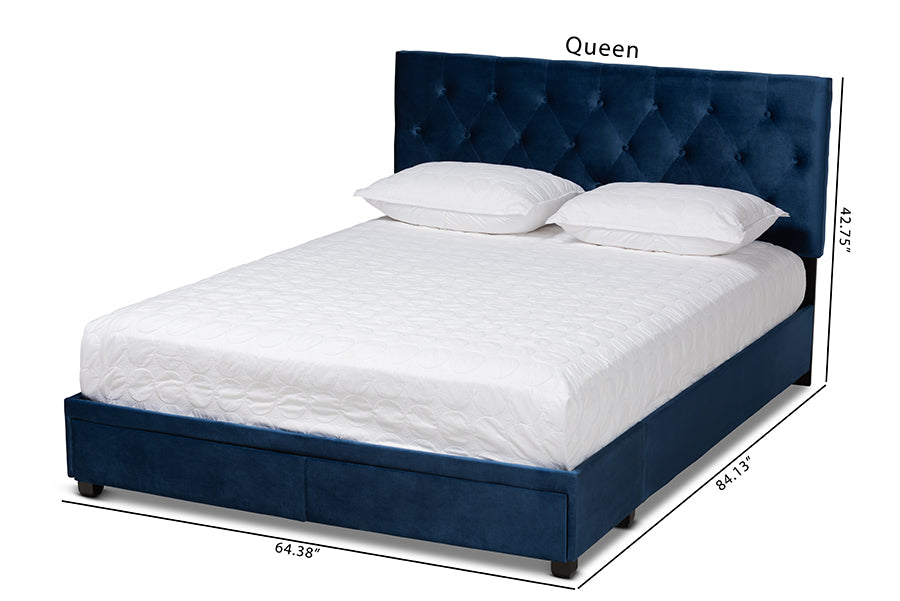 Baxton Studio Caronia Modern and Contemporary Navy Blue Velvet Fabric Upholstered 2-Drawer Queen Size Platform Storage Bed | Beds | Modishstore - 7