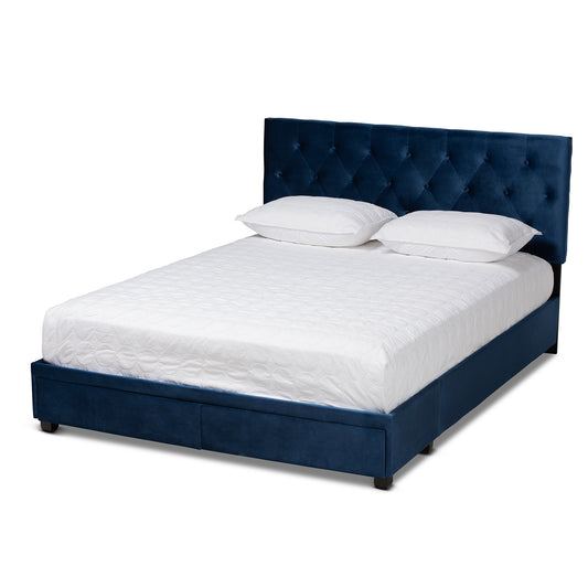 Baxton Studio Caronia Modern and Contemporary Navy Blue Velvet Fabric Upholstered 2-Drawer Queen Size Platform Storage Bed | Beds | Modishstore