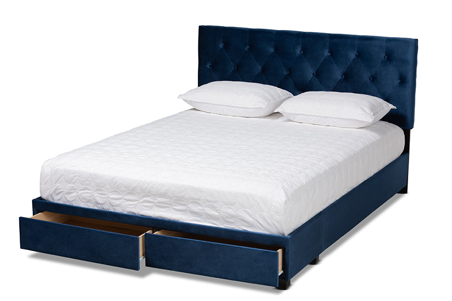 Baxton Studio Caronia Modern and Contemporary Navy Blue Velvet Fabric Upholstered 2-Drawer Queen Size Platform Storage Bed | Beds | Modishstore - 6