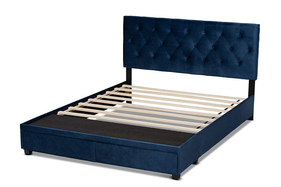 Baxton Studio Caronia Modern and Contemporary Navy Blue Velvet Fabric Upholstered 2-Drawer Queen Size Platform Storage Bed | Beds | Modishstore - 9