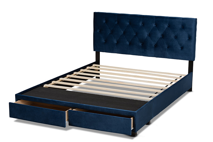 Baxton Studio Caronia Modern and Contemporary Navy Blue Velvet Fabric Upholstered 2-Drawer Queen Size Platform Storage Bed | Beds | Modishstore - 8