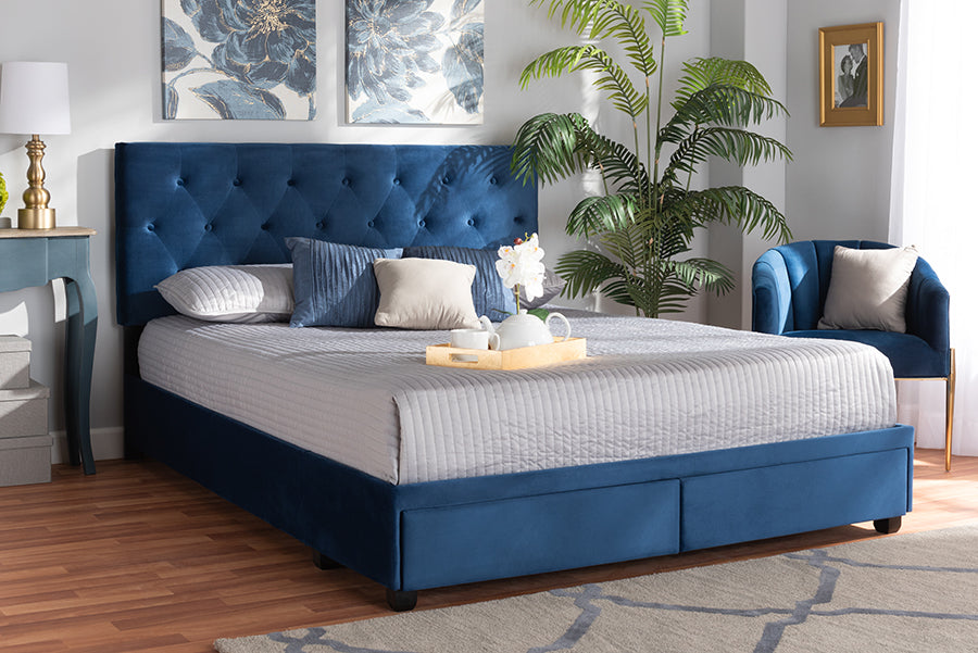 Baxton Studio Caronia Modern and Contemporary Navy Blue Velvet Fabric Upholstered 2-Drawer Queen Size Platform Storage Bed | Beds | Modishstore - 2