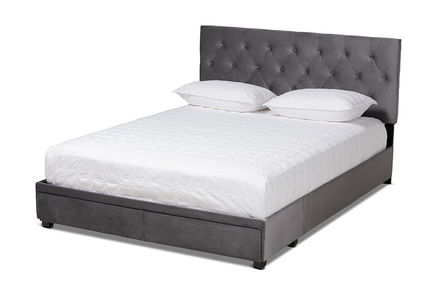 baxton studio caronia modern and contemporary grey velvet fabric upholstered 2 drawer king size platform storage bed | Modish Furniture Store-2
