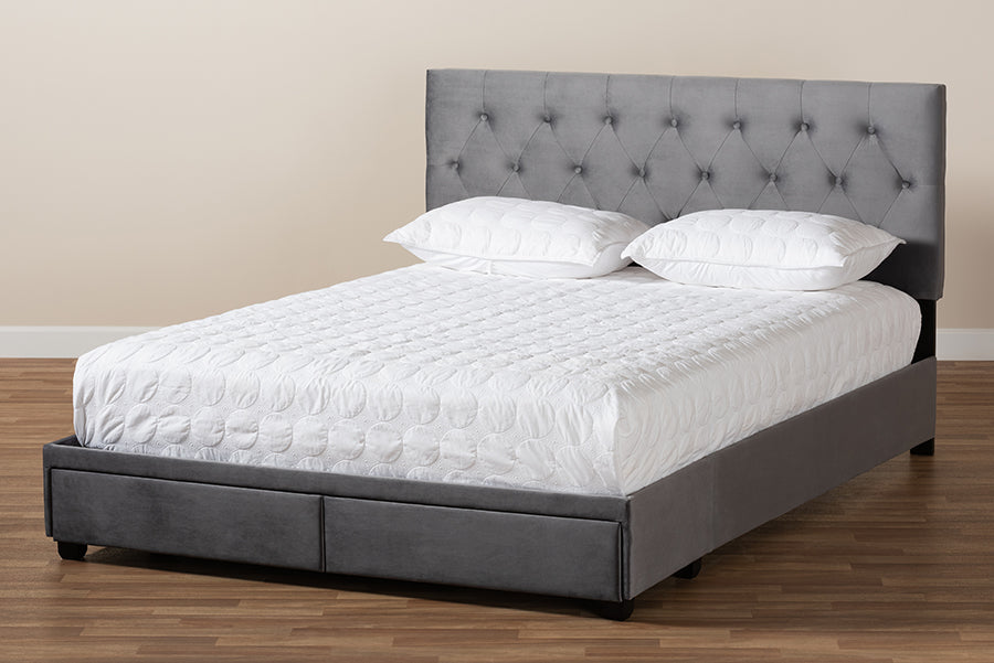 Baxton Studio Caronia Modern and Contemporary Navy Blue Velvet Fabric Upholstered 2-Drawer Queen Size Platform Storage Bed | Beds | Modishstore - 12