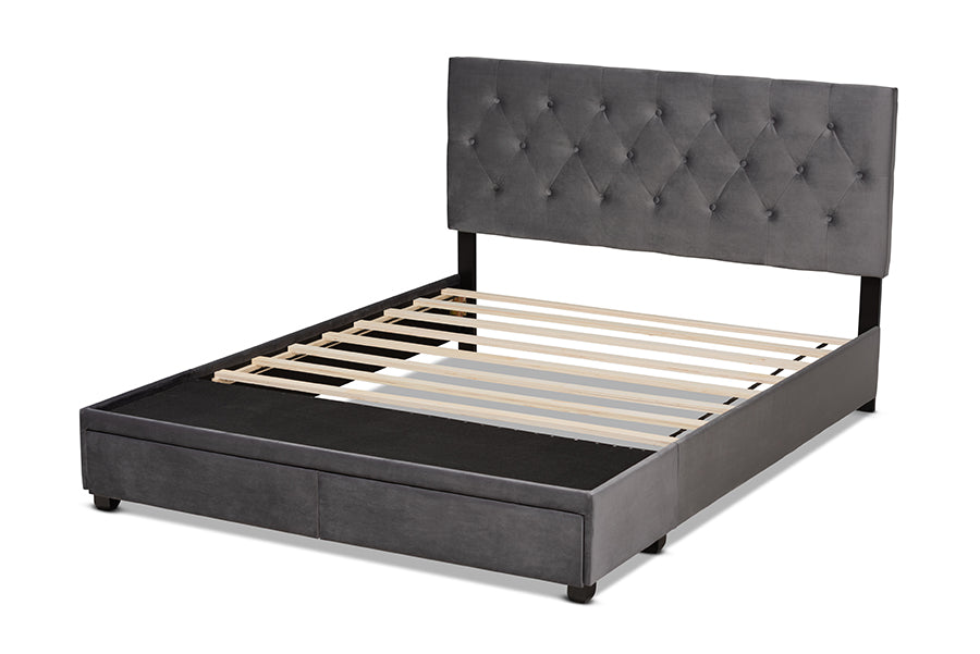 Baxton Studio Caronia Modern and Contemporary Navy Blue Velvet Fabric Upholstered 2-Drawer Queen Size Platform Storage Bed | Beds | Modishstore - 18