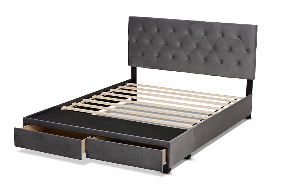 Baxton Studio Caronia Modern and Contemporary Navy Blue Velvet Fabric Upholstered 2-Drawer Queen Size Platform Storage Bed | Beds | Modishstore - 17