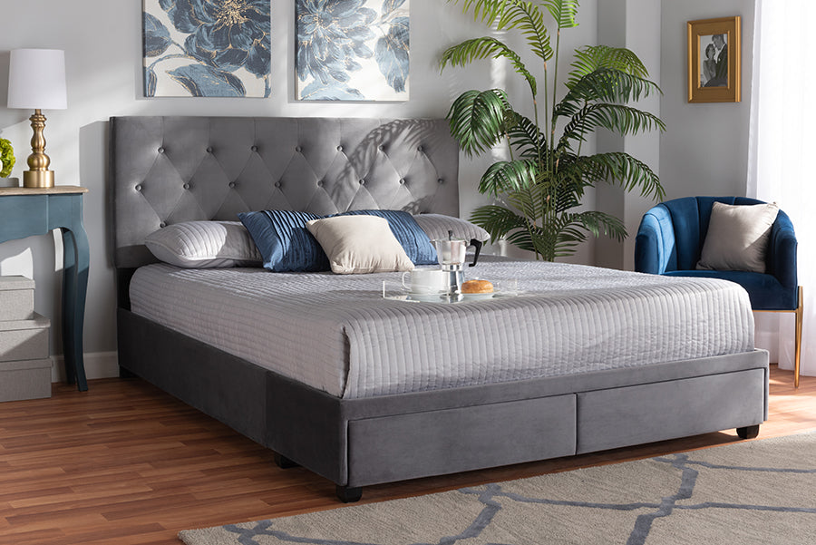 Baxton Studio Caronia Modern and Contemporary Grey Velvet Fabric Upholstered 2-Drawer King Size Platform Storage Bed | Modishstore | Beds