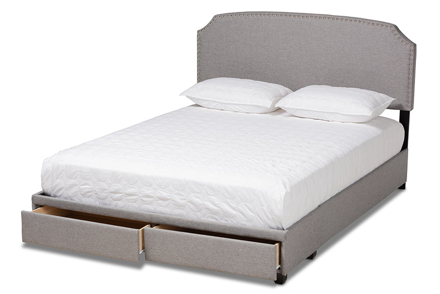 baxton studio larese light grey fabric upholstered 2 drawer king size platform storage bed | Modish Furniture Store-3