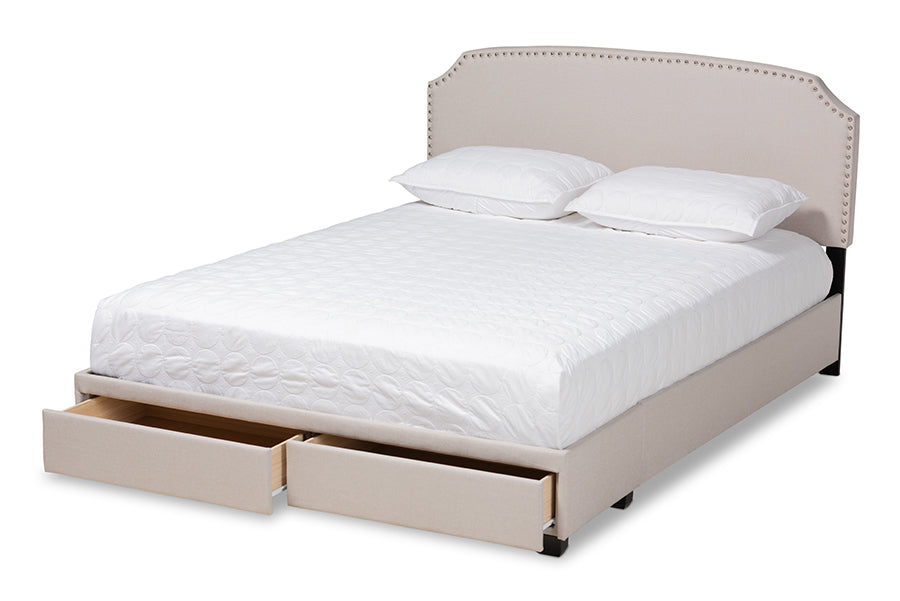 baxton studio larese beige fabric upholstered 2 drawer queen size platform storage bed | Modish Furniture Store-3