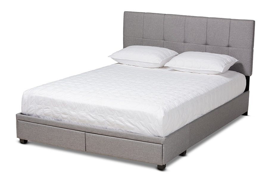 baxton studio netti light grey fabric upholstered 2 drawer queen size platform storage bed | Modish Furniture Store-2