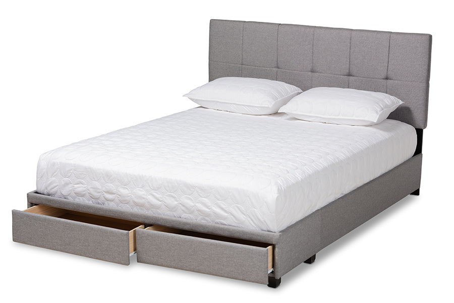baxton studio netti light grey fabric upholstered 2 drawer king size platform storage bed | Modish Furniture Store-3