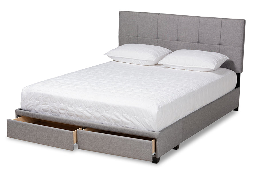 baxton studio netti light grey fabric upholstered 2 drawer queen size platform storage bed | Modish Furniture Store-3
