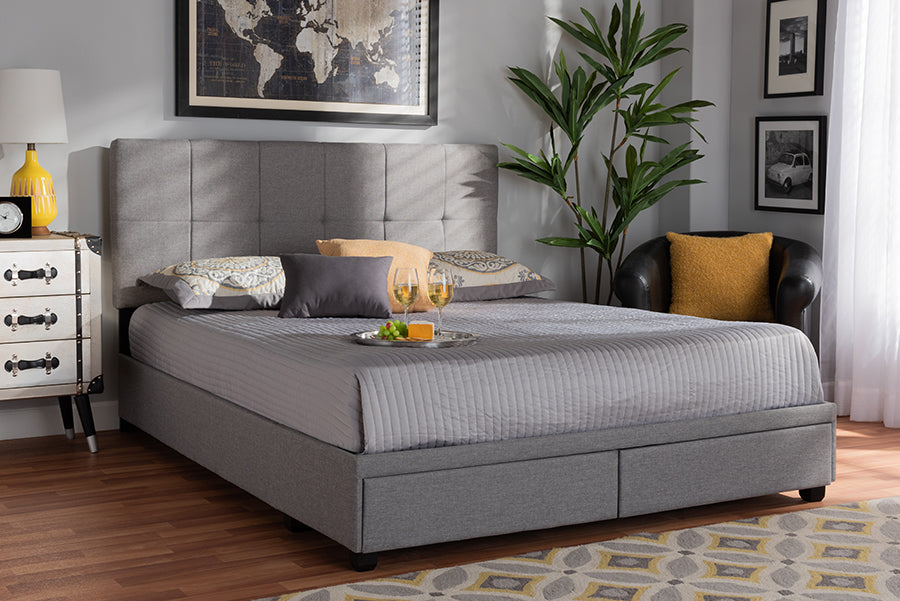 Baxton Studio Netti Light Grey Fabric Upholstered 2-Drawer Queen Size Platform Storage Bed | Modishstore | Beds