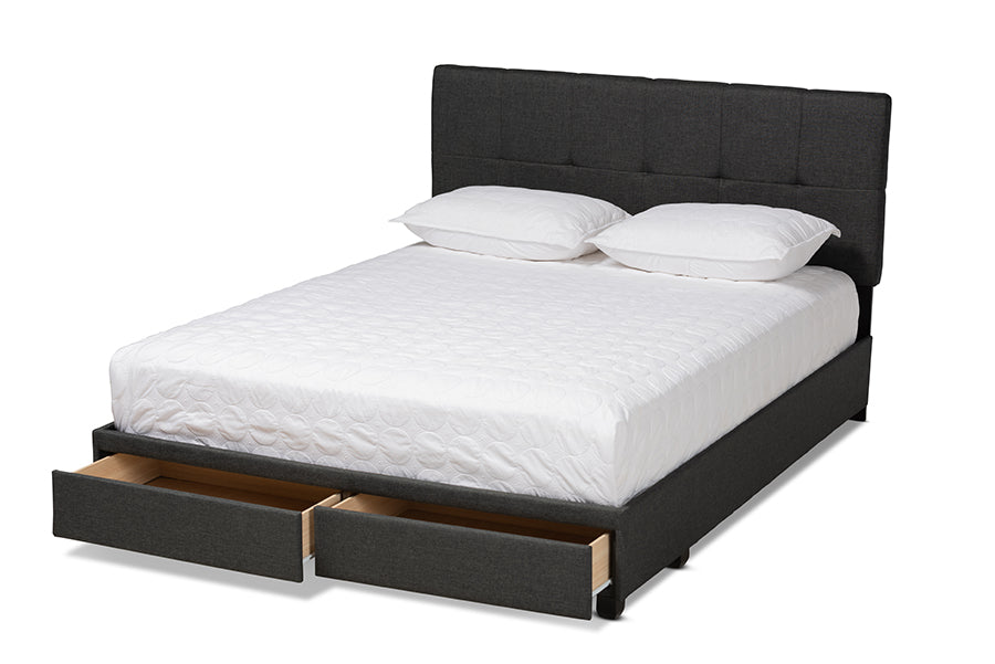 baxton studio netti dark grey fabric upholstered 2 drawer queen size platform storage bed | Modish Furniture Store-3