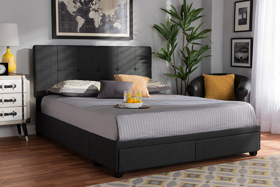 Baxton Studio Netti Dark Grey Fabric Upholstered 2-Drawer King Size Platform Storage Bed | Modishstore | Beds