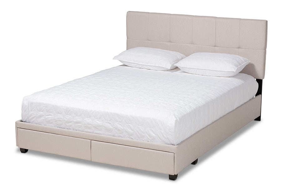 baxton studio netti beige fabric upholstered 2 drawer queen size platform storage bed | Modish Furniture Store-2