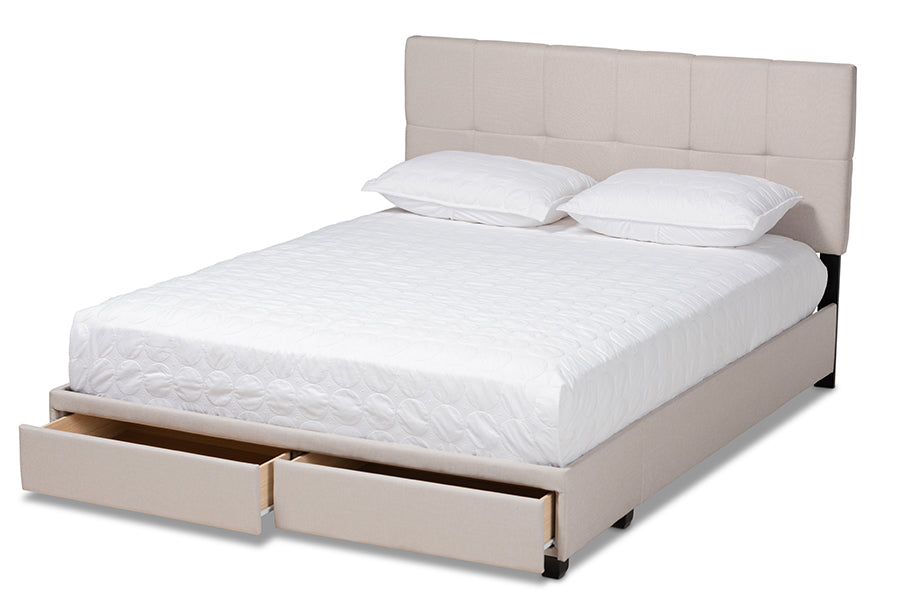 baxton studio netti beige fabric upholstered 2 drawer queen size platform storage bed | Modish Furniture Store-3