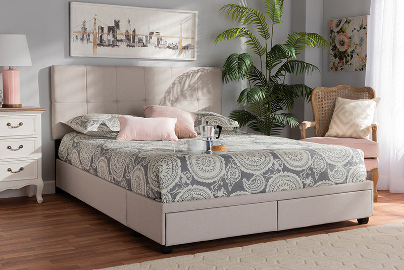 Baxton Studio Netti Beige Fabric Upholstered 2-Drawer Queen Size Platform Storage Bed | Modishstore | Beds