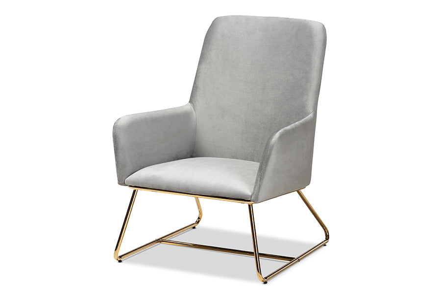baxton studio sennet glam and luxe grey velvet fabric upholstered gold finished armchair | Modish Furniture Store-2