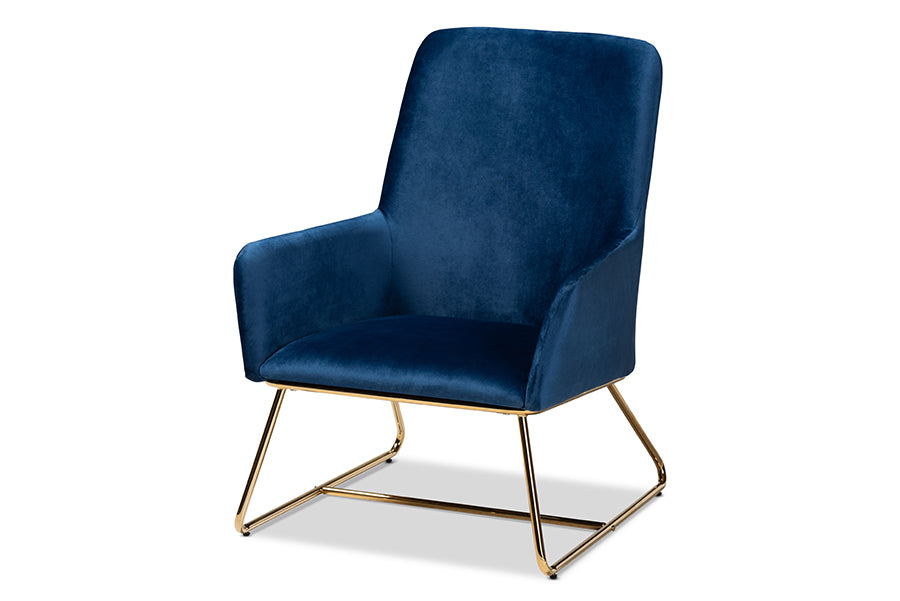 baxton studio sennet glam and luxe navy blue velvet fabric upholstered gold finished armchair | Modish Furniture Store-2