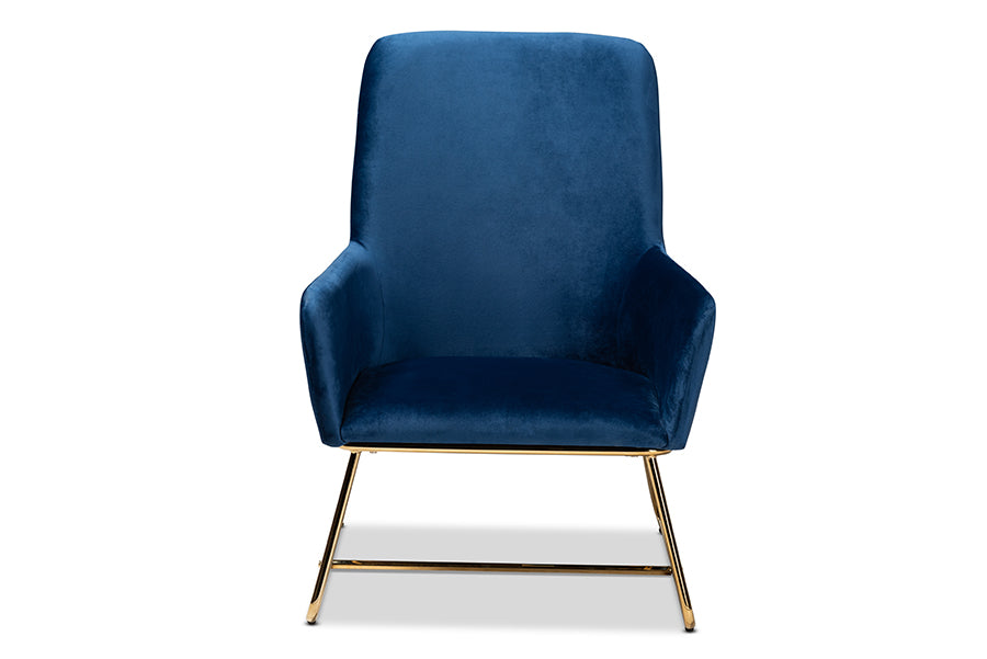 baxton studio sennet glam and luxe navy blue velvet fabric upholstered gold finished armchair | Modish Furniture Store-3