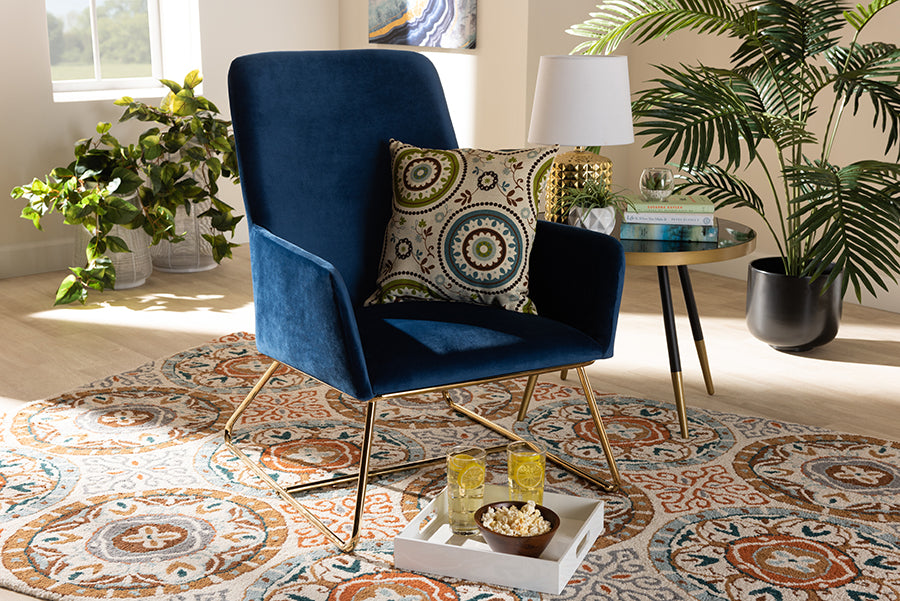 Baxton Studio Sennet Glam and Luxe Navy Blue Velvet Fabric Upholstered Gold Finished Armchair | Modishstore | Armchairs