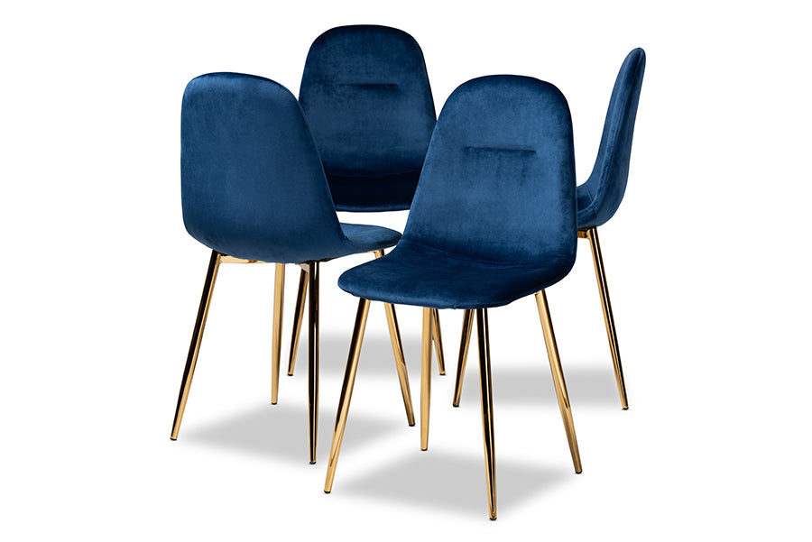 Baxton Studio Elyse Glam and Luxe Navy Blue Velvet Fabric Upholstered Gold Finished 4-Piece Metal Dining Chair Set | Modishstore | Dining Chairs - 4