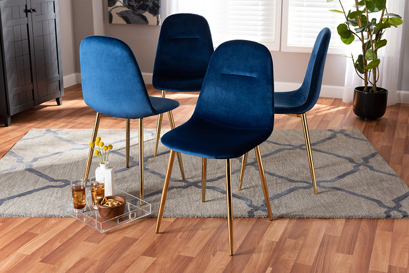 Baxton Studio Elyse Glam and Luxe Navy Blue Velvet Fabric Upholstered Gold Finished 4-Piece Metal Dining Chair Set | Modishstore | Dining Chairs