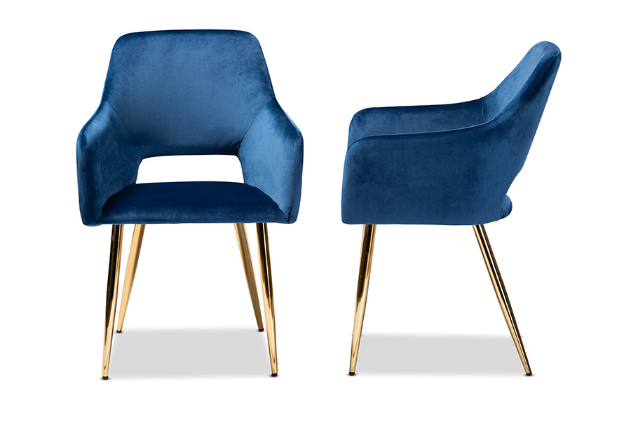 Baxton Studio Germaine Glam and Luxe Navy Blue Velvet Fabric Upholstered Gold Finished 2-Piece Metal Dining Chair Set | Modishstore | Dining Chairs - 2