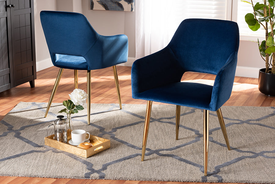 Baxton Studio Germaine Glam and Luxe Navy Blue Velvet Fabric Upholstered Gold Finished 2-Piece Metal Dining Chair Set | Modishstore | Dining Chairs