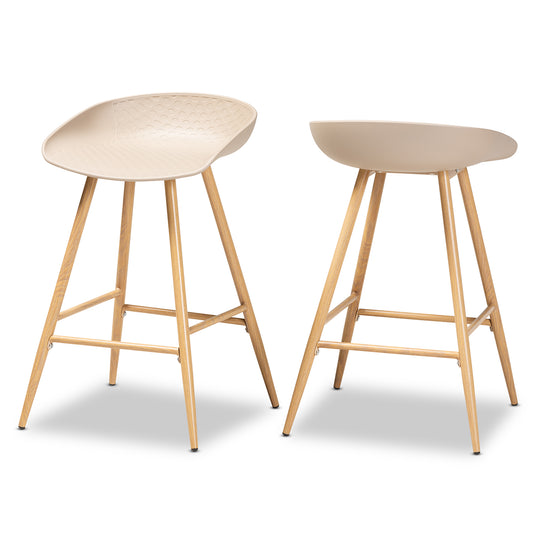 Baxton Studio Mairi Modern and Contemporary Beige Plastic and Wood Finished 2-Piece Counter Stool Set | Bar Stools | Modishstore