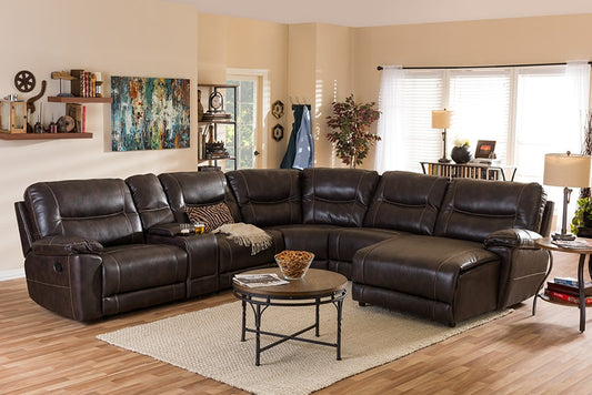 Baxton Studio Mistral Modern and Contemporary Dark Brown Bonded Leather 6-Piece Sectional with Recliners Corner Lounge Suite | Modishstore | Sofas