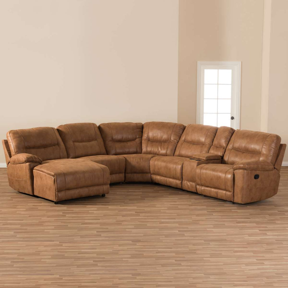 Baxton Studio Mistral Modern and Contemporary Light Brown Palomino Suede 6-Piece Sectional with Recliners Corner Lounge Suite | Sofas | Modishstore - 2