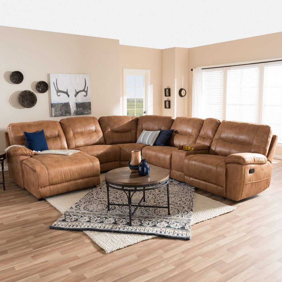 Baxton Studio Mistral Modern and Contemporary Light Brown Palomino Suede 6-Piece Sectional with Recliners Corner Lounge Suite | Sofas | Modishstore - 4