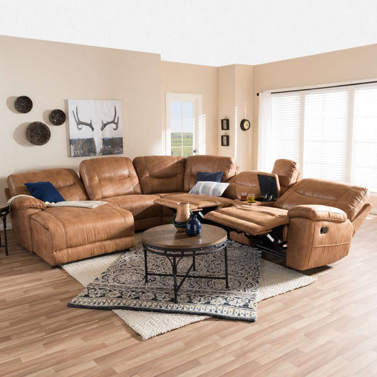 Baxton Studio Mistral Modern and Contemporary Light Brown Palomino Suede 6-Piece Sectional with Recliners Corner Lounge Suite | Sofas | Modishstore