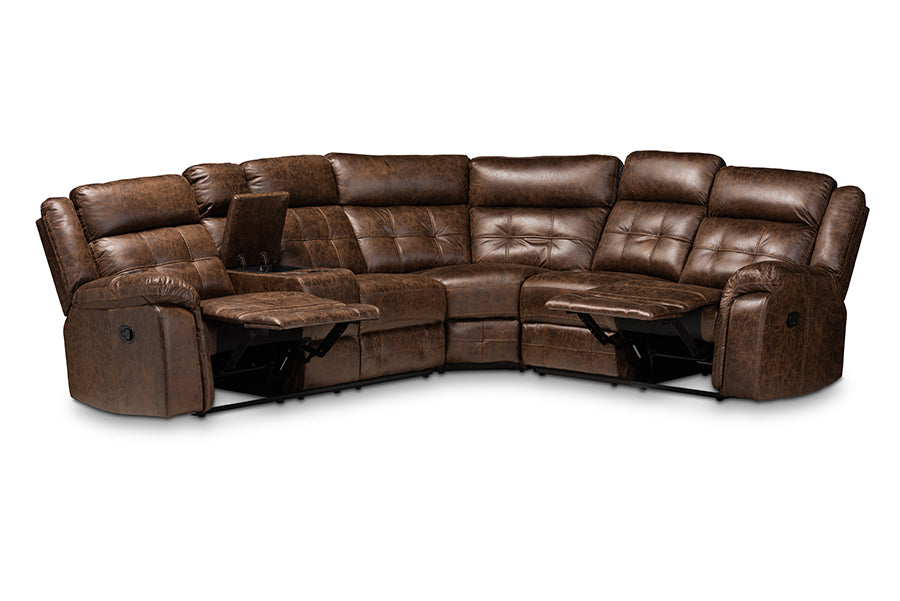 baxton studio vesa modern and contemporary brown leather like fabric upholstered 6 piece sectional recliner sofa with 2 reclining seats | Modish Furniture Store-3