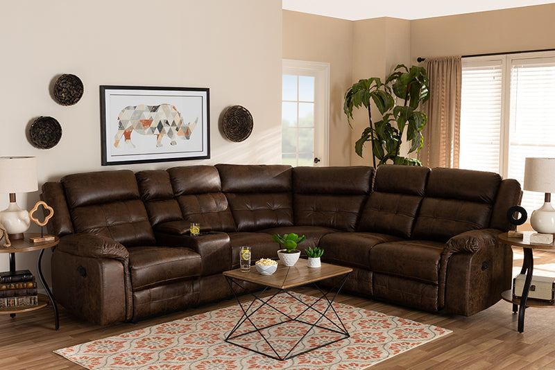 Baxton Studio Vesa Modern and Contemporary Brown Leather-Like Fabric Upholstered 6-Piece Sectional Recliner Sofa with 2 Reclining Seats | Modishstore | Sofas