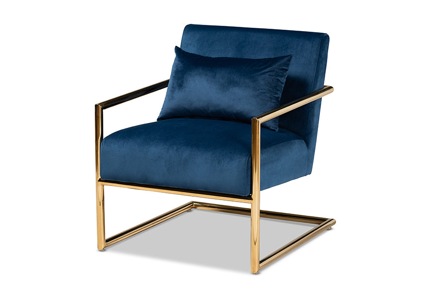 baxton studio mira glam and luxe navy blue velvet fabric upholstered gold finished metal lounge chair | Modish Furniture Store-2