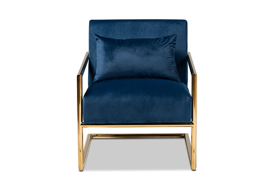 baxton studio mira glam and luxe navy blue velvet fabric upholstered gold finished metal lounge chair | Modish Furniture Store-3