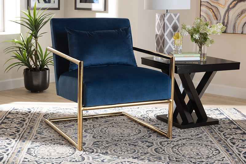 Baxton Studio Mira Glam and Luxe Navy Blue Velvet Fabric Upholstered Gold Finished Metal Lounge Chair | Modishstore | Lounge Chairs