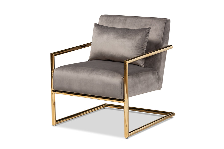 baxton studio mira glam and luxe grey velvet fabric upholstered gold finished metal lounge chair | Modish Furniture Store-2