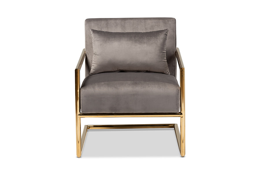 baxton studio mira glam and luxe grey velvet fabric upholstered gold finished metal lounge chair | Modish Furniture Store-3