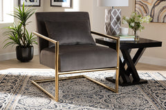 Baxton Studio Mira Glam and Luxe Grey Velvet Fabric Upholstered Gold Finished Metal Lounge Chair