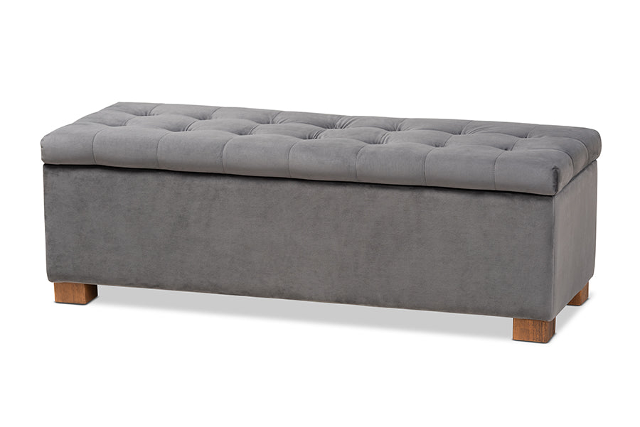 baxton studio roanoke modern and contemporary grey velvet fabric upholstered grid tufted storage ottoman bench | Modish Furniture Store-2