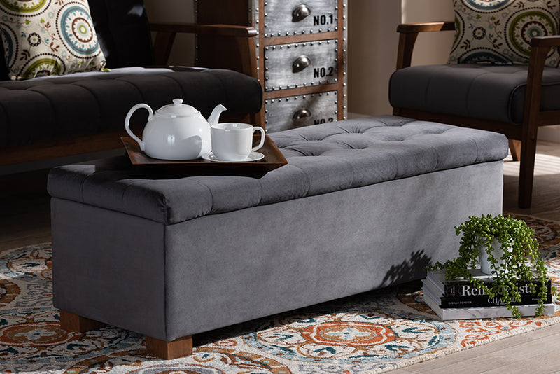 Baxton Studio Roanoke Modern and Contemporary Grey Velvet Fabric Upholstered Grid-Tufted Storage Ottoman Bench | Modishstore | Ottomans