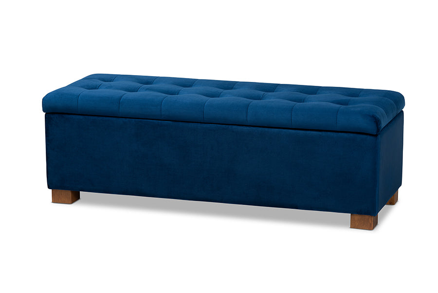 baxton studio roanoke modern and contemporary navy blue velvet fabric upholstered grid tufted storage ottoman bench | Modish Furniture Store-2
